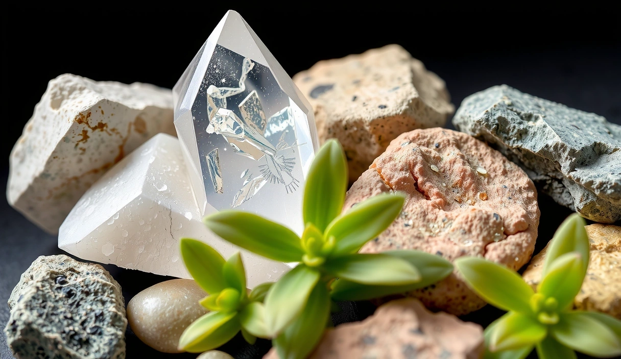 Vue macro de cristaux, de roches et de plantes luxuriantes symbolisant des sources minérales naturelles.