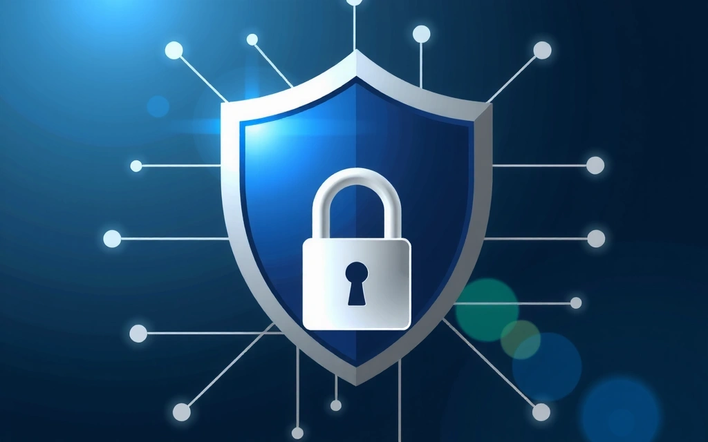 Illustration d'un bouclier numérique protégeant des données, avec des éléments de code et un cadenas stylisé, symbolisant la cybersécurité.